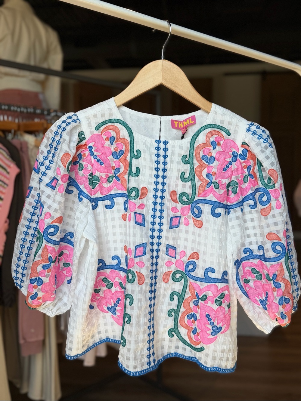 THML Embroidered Puff Sleeve White Top with Pink & Blue Floral Motifs